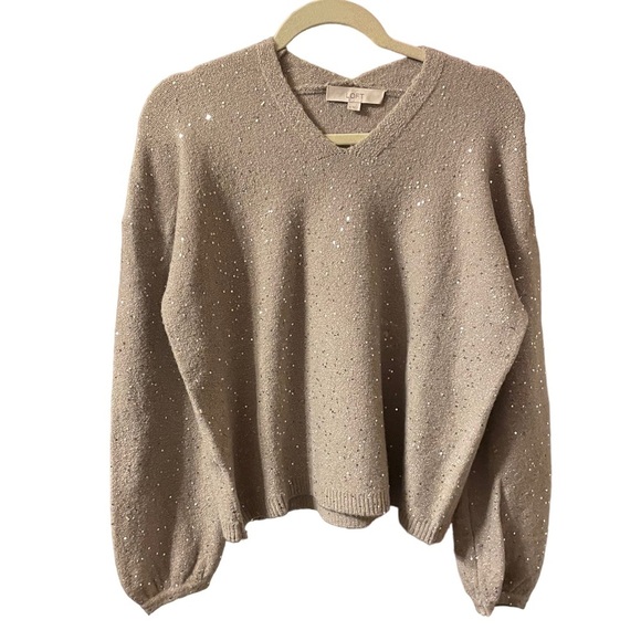 LOFT SILVER SEQUIN V-NECK HOLIDAY SWEATER - Picture 1 of 5
